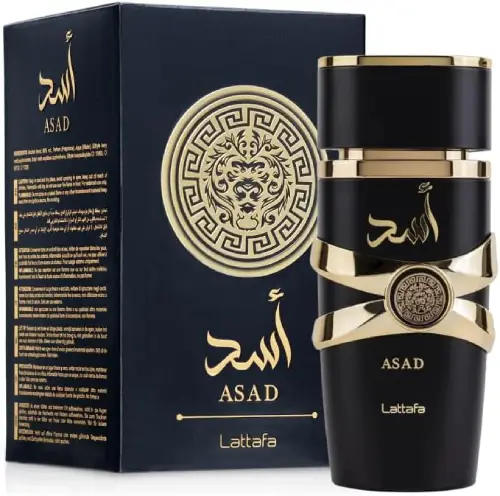 Lattafa Asad black and gold perfume bottle
