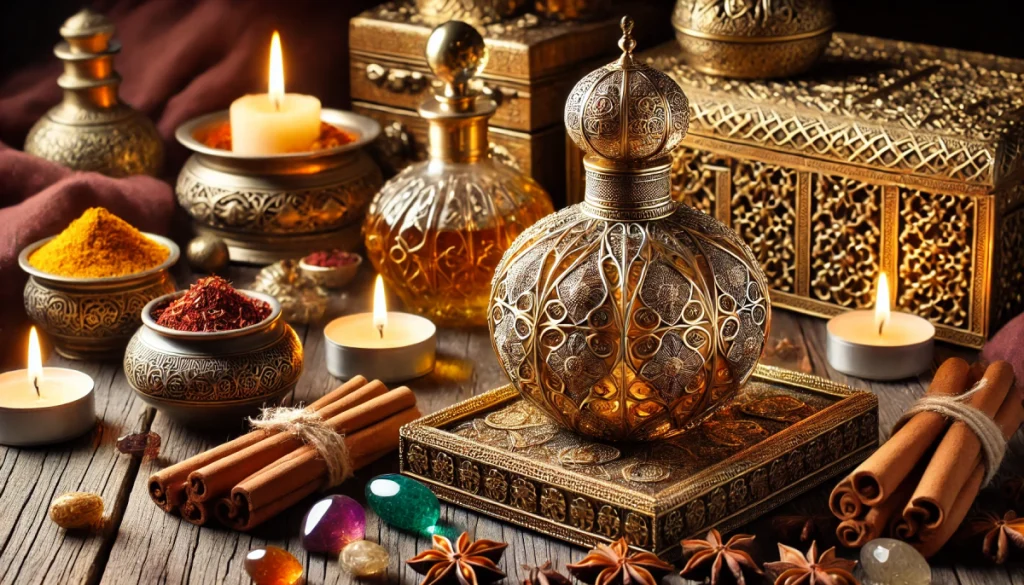 Traditional Arabian perfume bottle with oud and musk