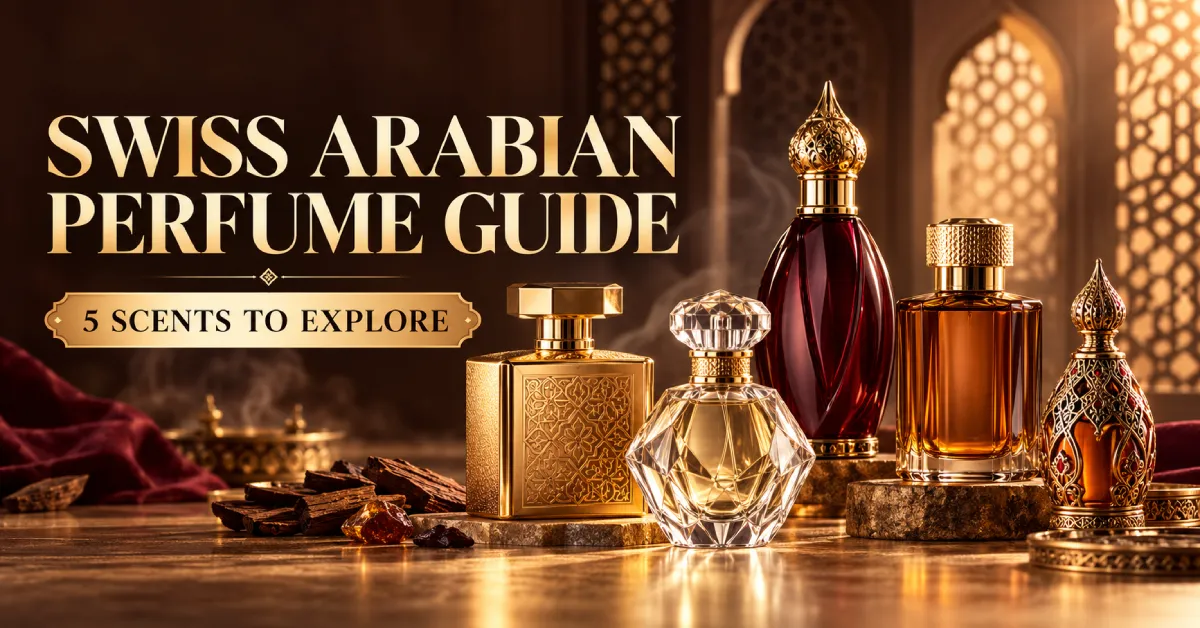 Five Swiss Arabian perfume bottles in a luxury Arabian setting