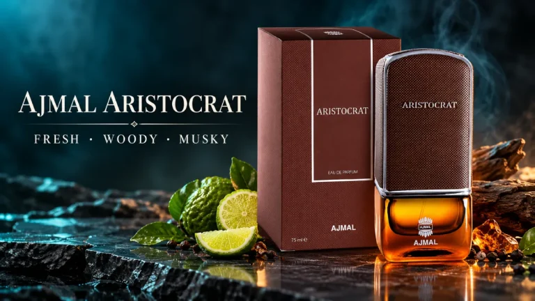 Ajmal Aristocrat for Men bottle with lime, amber and woody notes