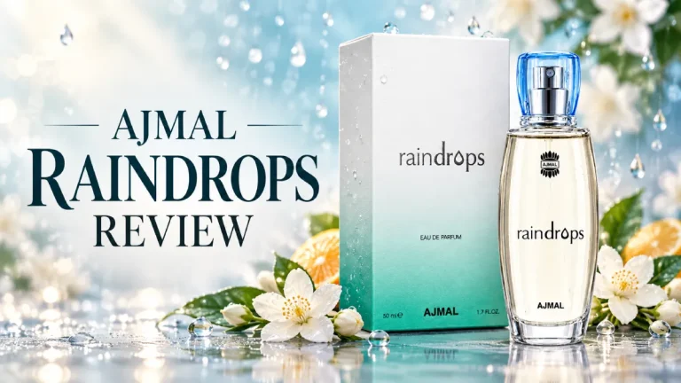 Ajmal Raindrops review with perfume bottle, citrus and white flowers