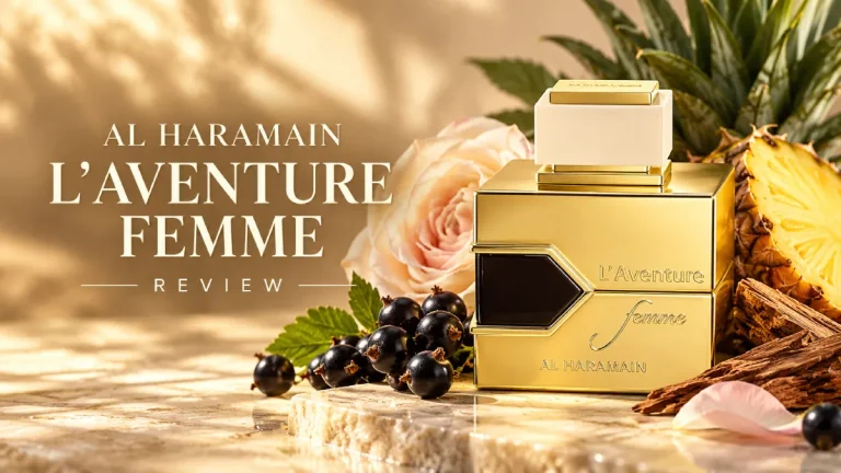 Al Haramain L’Aventure Femme review with perfume bottle, pineapple, black currant and rose