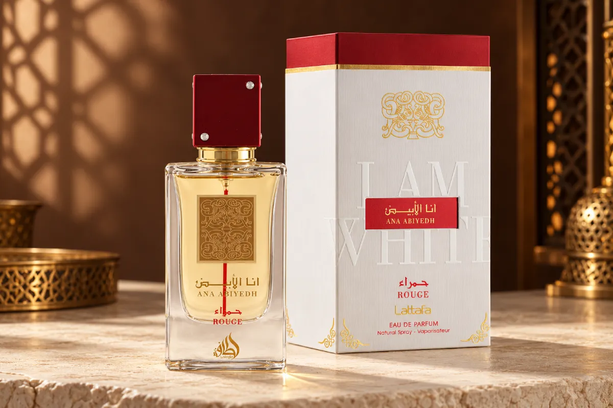 Ana Abiyedh Rouge perfume bottle and presentation box