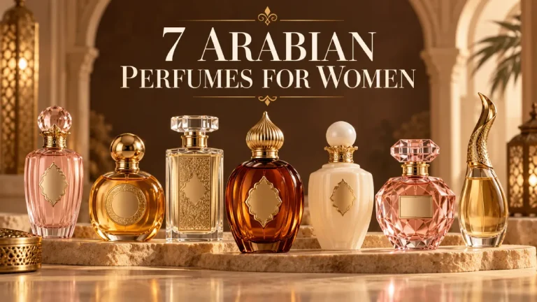 Seven of the best Arabian perfumes for women displayed in an elegant setting