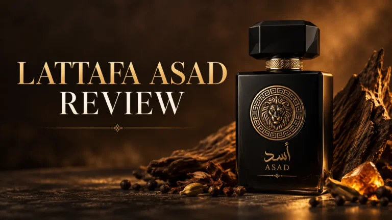 Lattafa Asad review featuring the black and gold perfume bottle
