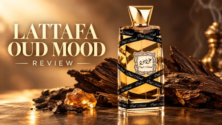 Lattafa Oud Mood review with perfume bottle, oud wood and amber