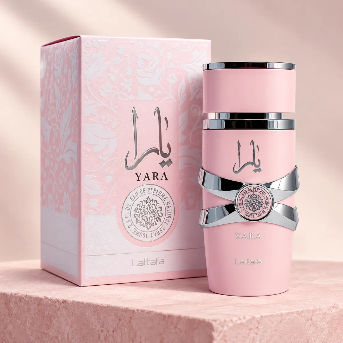 Lattafa Yara pink perfume bottle with presentation box