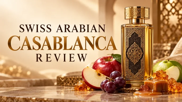Swiss Arabian Casablanca review with perfume bottle, apples, grapes, caramel and amber