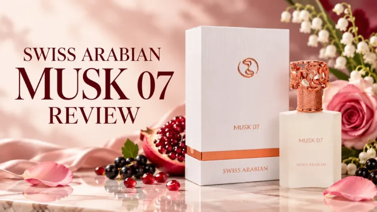 Swiss Arabian Musk 07 review with perfume bottle, pomegranate, blackcurrant and flowers