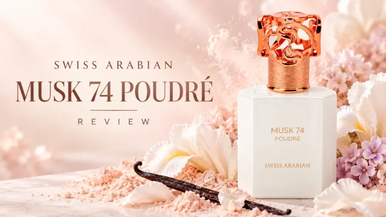 Swiss Arabian Musk 74 Poudré review with perfume bottle, iris, vanilla and powder