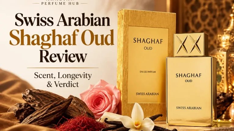 Swiss Arabian Shaghaf Oud Eau de Parfum gold bottle and packaging with oud wood, saffron, rose and vanilla