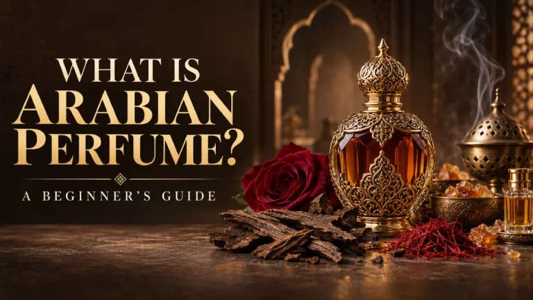 Arabian perfume bottle with oud wood, rose, saffron, amber resin and incense